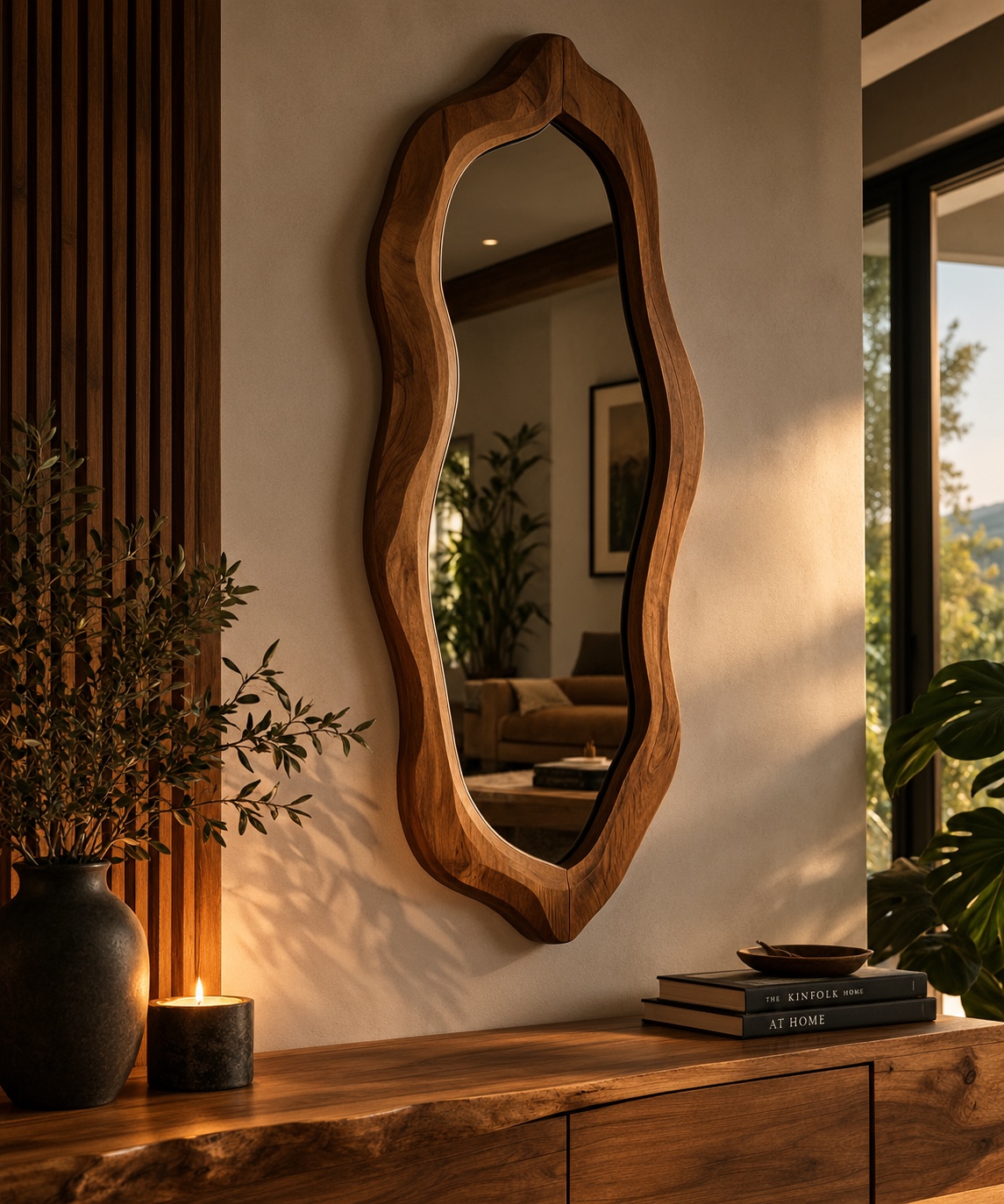 Flowing sculptural wood mirror in a warmly lit interior